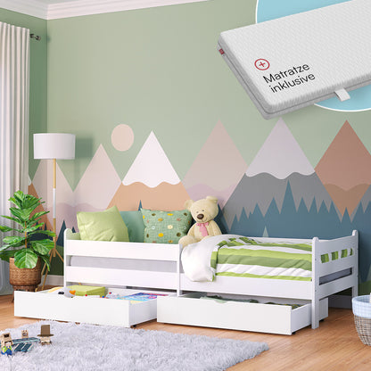 Kuru Kinderbett mit 2 Schubladen inkl. Rausfallschutz und Lattenrost, weiß lackiert, 90x200 cm, mit Matratze