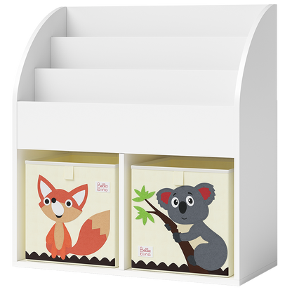 Koro Kinderregal, weiß, mit 3 Fächern für Bücher und 2 Fächern für Boxen, inkl. 2 Faltboxen (Fuchs/Koala)