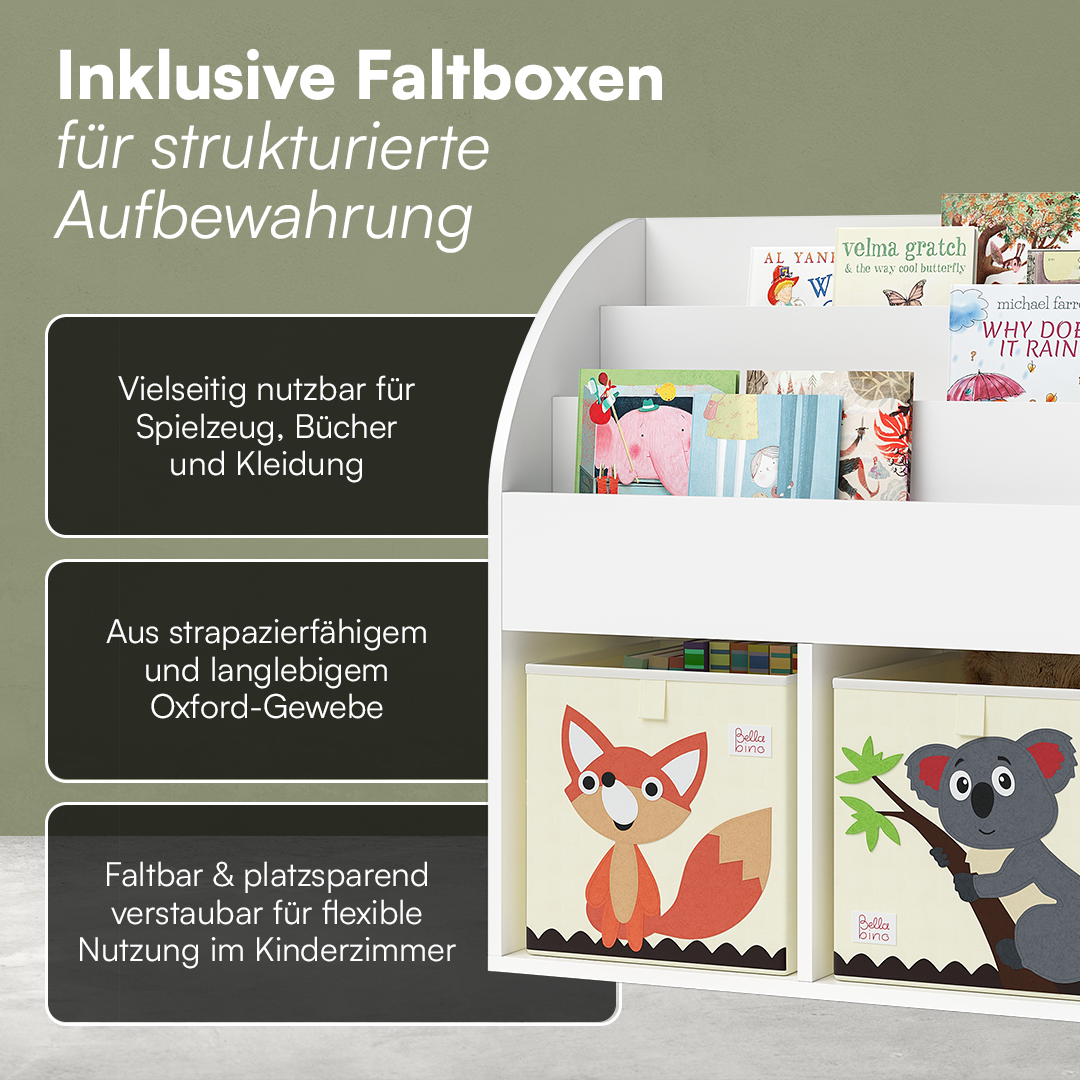 Koro Kinderregal, weiß, mit 3 Fächern für Bücher und 2 Fächern für Boxen, inkl. 2 Faltboxen (Fuchs/Koala)