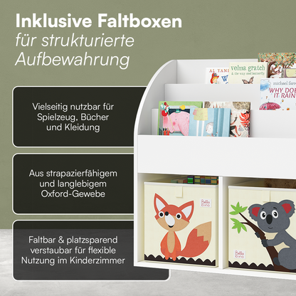 Koro Kinderregal, weiß, mit 3 Fächern für Bücher und 2 Fächern für Boxen, inkl. 2 Faltboxen (Fuchs/Koala)