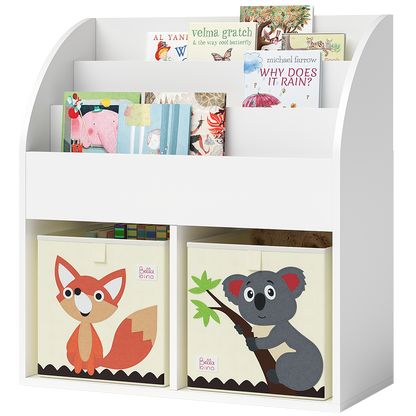 Koro Kinderregal, weiß, mit 3 Fächern für Bücher und 2 Fächern für Boxen, inkl. 2 Faltboxen (Fuchs/Koala)