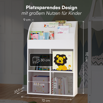 Koro Kinderregal, weiß, mit 3 Fächern für Bücher und 4 Fächern für Boxen, inkl. 4 Faltboxen (Affe/Löwe/Koala/Fuchs)