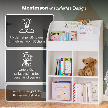 Koro Kinderregal, weiß, mit 3 Fächern für Bücher und 4 Fächern für Boxen, inkl. 4 Faltboxen (Affe/Löwe/Koala/Fuchs)