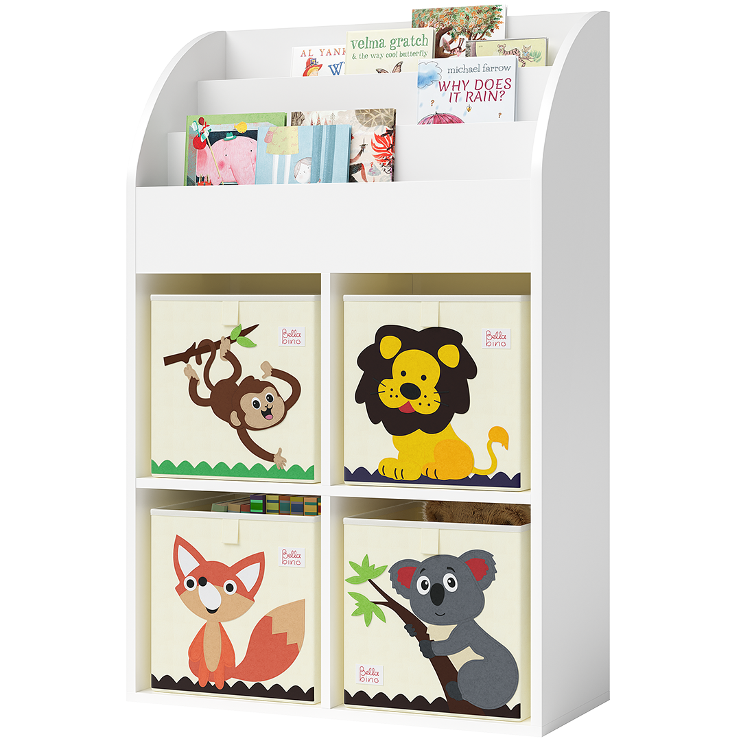Koro Kinderregal, weiß, mit 3 Fächern für Bücher und 4 Fächern für Boxen, inkl. 4 Faltboxen (Affe/Löwe/Koala/Fuchs)