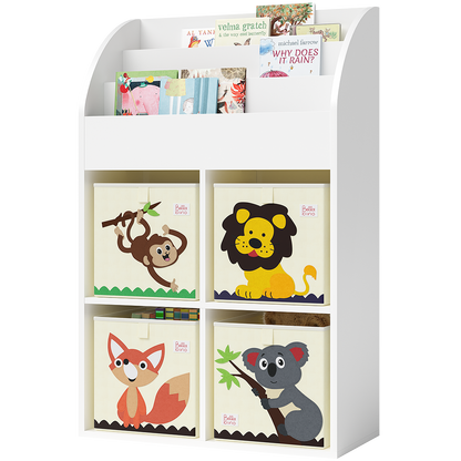 Koro Kinderregal, weiß, mit 3 Fächern für Bücher und 4 Fächern für Boxen, inkl. 4 Faltboxen (Affe/Löwe/Koala/Fuchs)