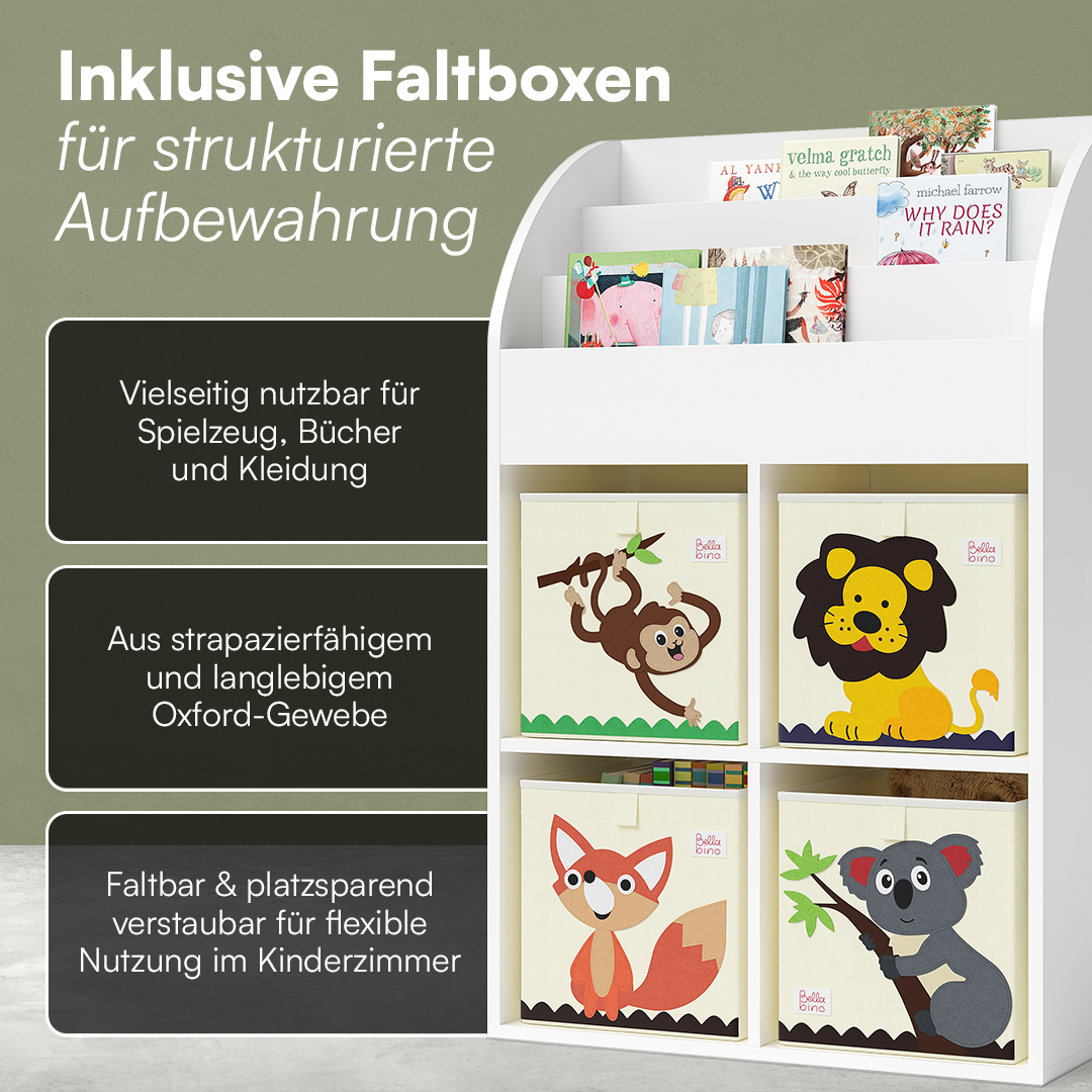 Koro Kinderregal, weiß, mit 3 Fächern für Bücher und 4 Fächern für Boxen, inkl. 4 Faltboxen (Affe/Löwe/Koala/Fuchs)