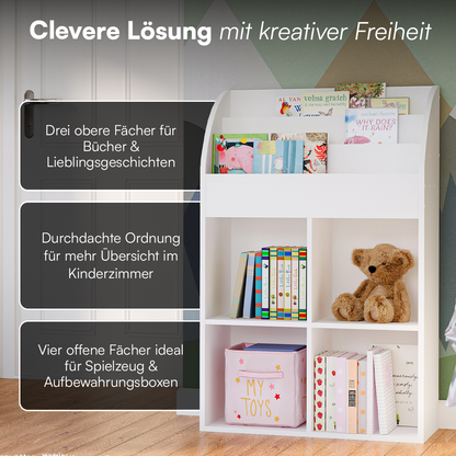 Koro Kinderregal, weiß, mit 3 Fächern für Bücher und 4 Fächern für Boxen, inkl. 4 Faltboxen (Affe/Löwe/Koala/Fuchs)