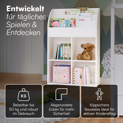 Koro Kinderregal, weiß, mit 3 Fächern für Bücher und 4 Fächern für Boxen, inkl. 4 Faltboxen (Affe/Löwe/Koala/Fuchs)