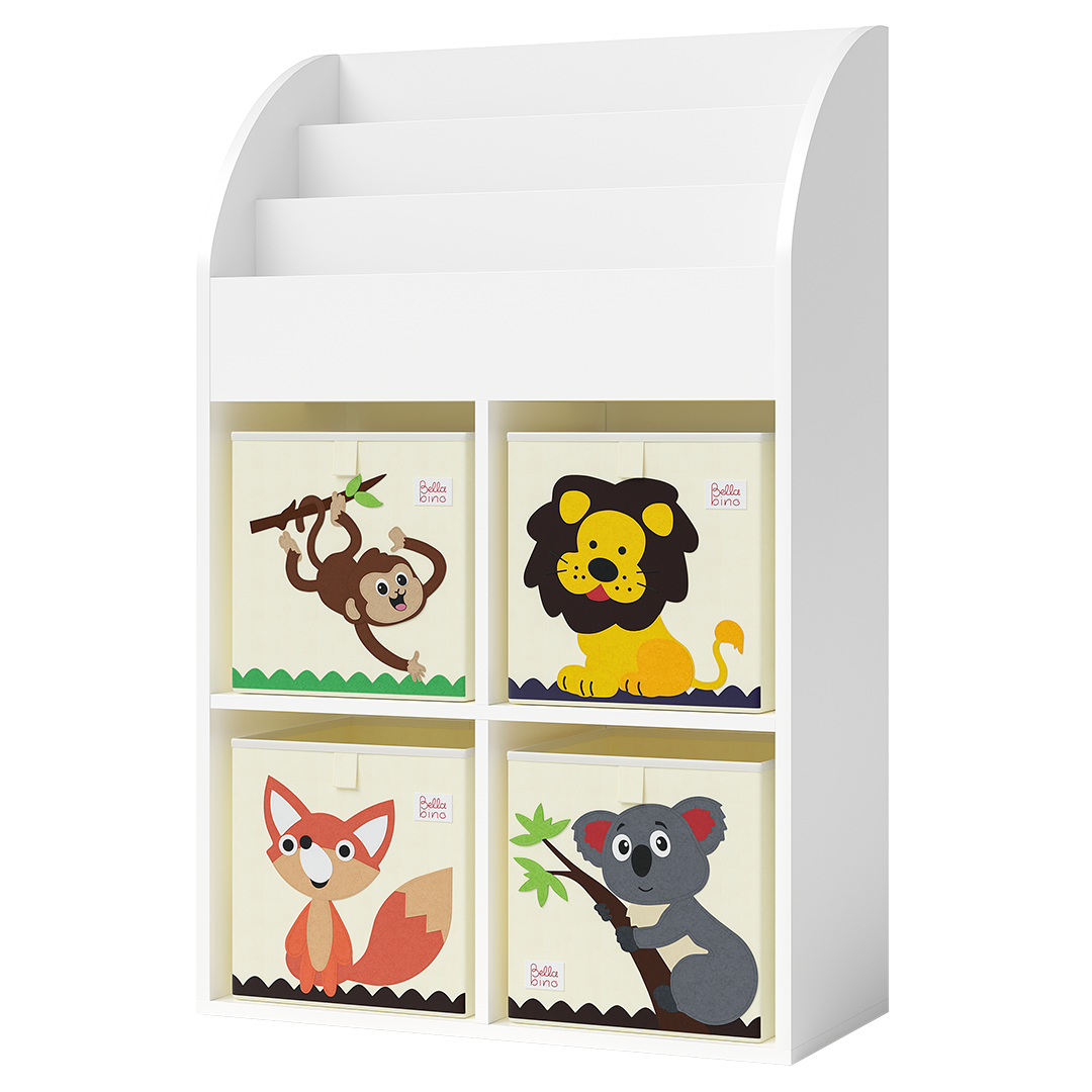 Koro Kinderregal, weiß, mit 3 Fächern für Bücher und 4 Fächern für Boxen, inkl. 4 Faltboxen (Affe/Löwe/Koala/Fuchs)