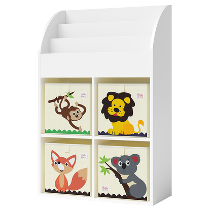 Koro Kinderregal, weiß, mit 3 Fächern für Bücher und 4 Fächern für Boxen, inkl. 4 Faltboxen (Affe/Löwe/Koala/Fuchs)