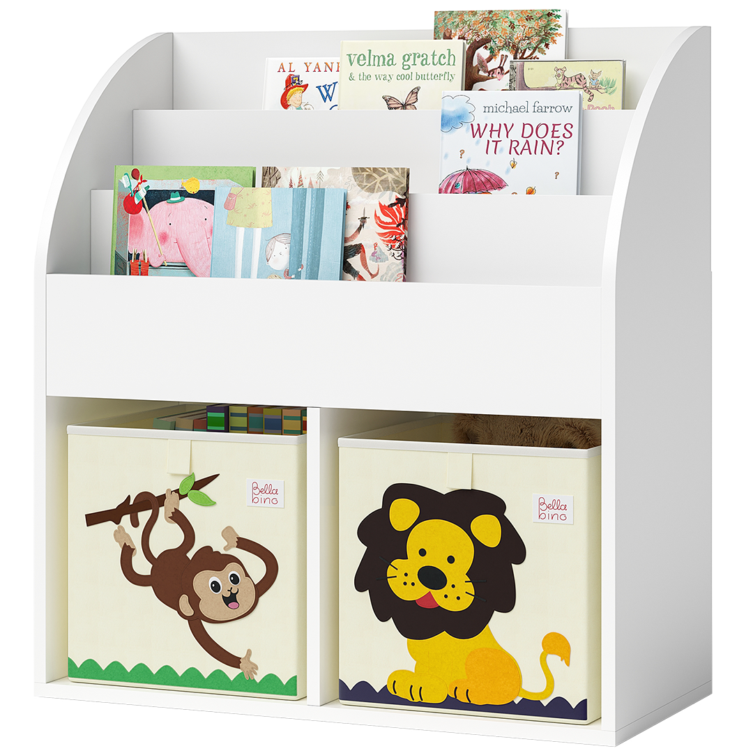 Koro Kinderregal, weiß, mit 3 Fächern für Bücher und 2 Fächern für Boxen, inkl. 2 Faltboxen (Affe/Löwe)