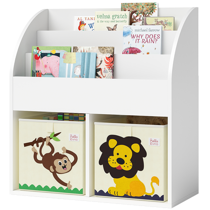 Koro Kinderregal, weiß, mit 3 Fächern für Bücher und 2 Fächern für Boxen, inkl. 2 Faltboxen (Affe/Löwe)