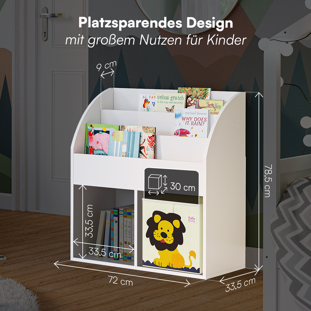 Koro Kinderregal, weiß, mit 3 Fächern für Bücher und 2 Fächern für Boxen, inkl. 2 Faltboxen (Affe/Löwe)