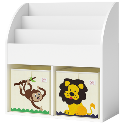 Koro Kinderregal, weiß, mit 3 Fächern für Bücher und 2 Fächern für Boxen, inkl. 2 Faltboxen (Affe/Löwe)