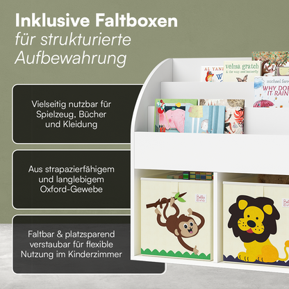 Koro Kinderregal, weiß, mit 3 Fächern für Bücher und 2 Fächern für Boxen, inkl. 2 Faltboxen (Affe/Löwe)