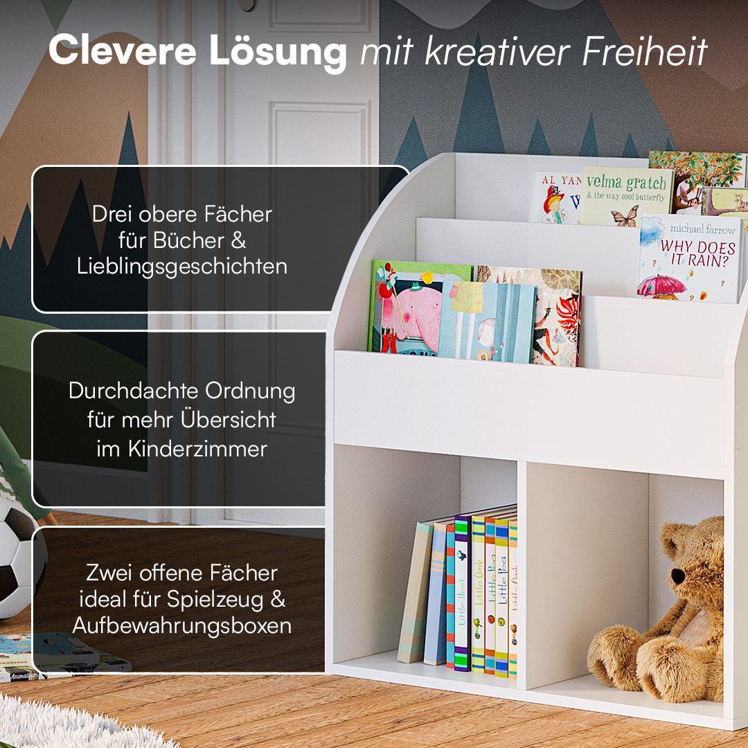 Koro Kinderregal, weiß, mit 3 Fächern für Bücher und 2 Fächern für Boxen, inkl. 2 Faltboxen (Affe/Löwe)