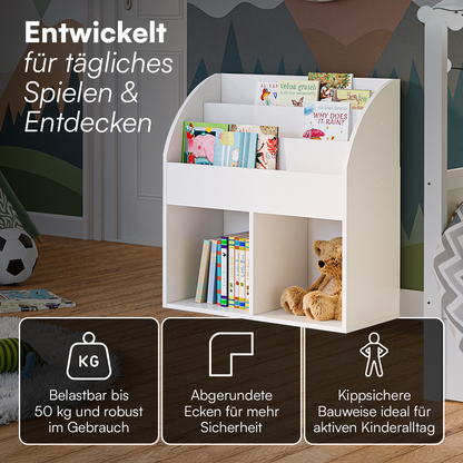 Koro Kinderregal, weiß, mit 3 Fächern für Bücher und 2 Fächern für Boxen, inkl. 2 Faltboxen (Affe/Löwe)