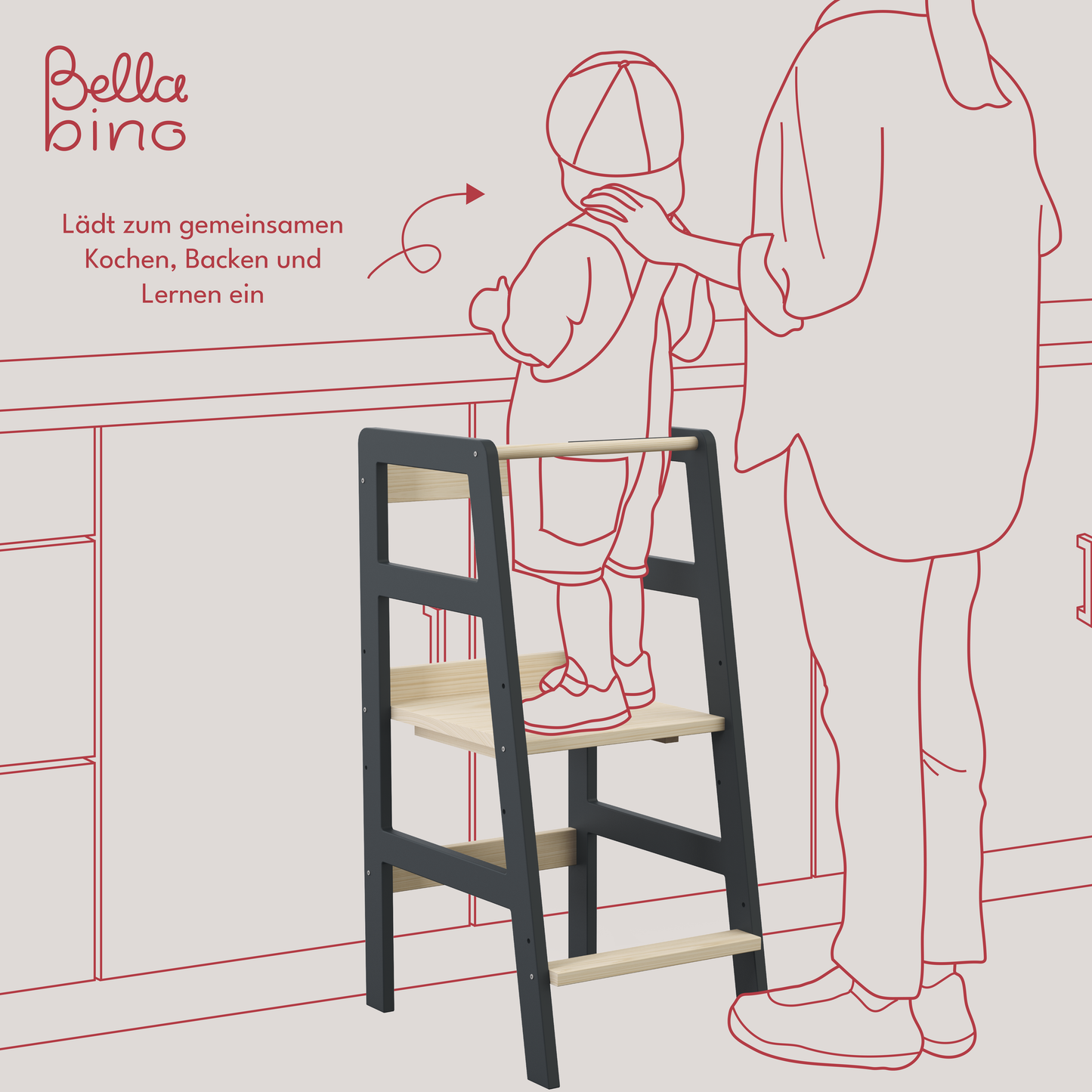 Milo Lernturm, Tritt 3-fach höhenverstellbar, grau/natur lackiert, Kiefer Massivholz