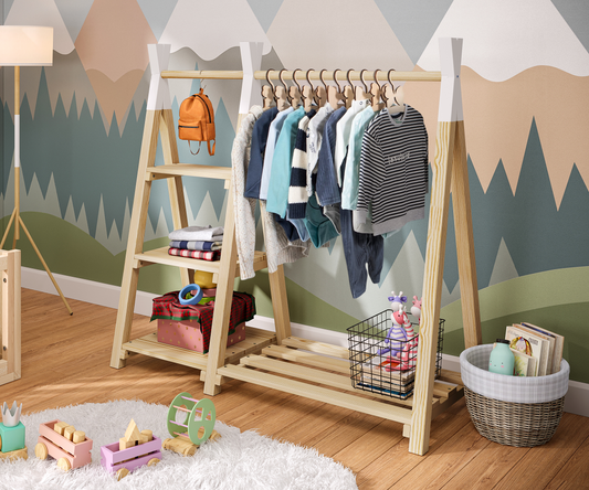 Ryck Tipi-Kleiderstange, natur mit weißen Spitzen, Kiefer massiv, inkl. 3 Regalen und Schuhablagefläche