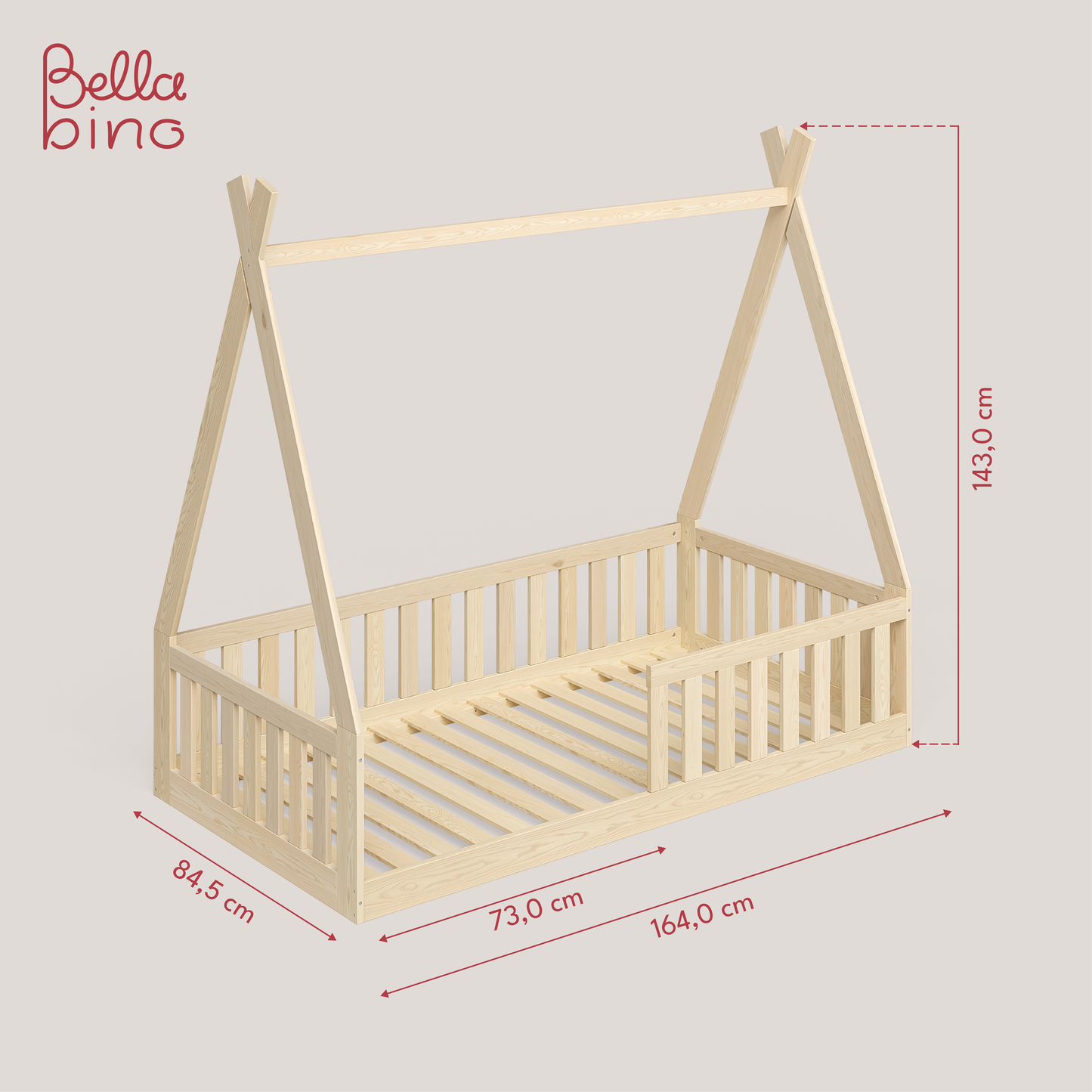 Tajo Tipi-Bodenbett inkl. Lattenrost, Kiefer massiv natur lackiert, 80x160 cm