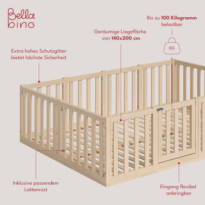Tapi Bodenbett 140x200 cm mit extra hohem Gitter, mit Tür, natur lackiert, Kiefer massiv, inkl. Lattenrost