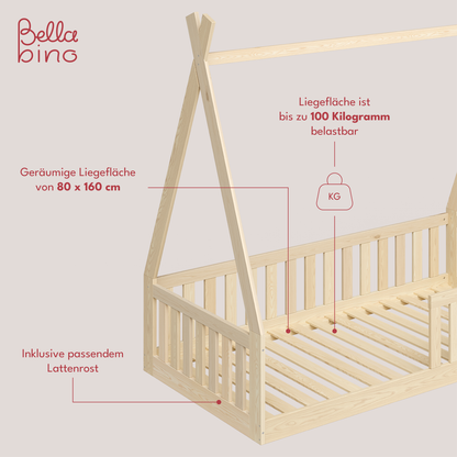 Tajo Tipi-Bodenbett inkl. Lattenrost, Kiefer massiv natur lackiert, 80x160 cm
