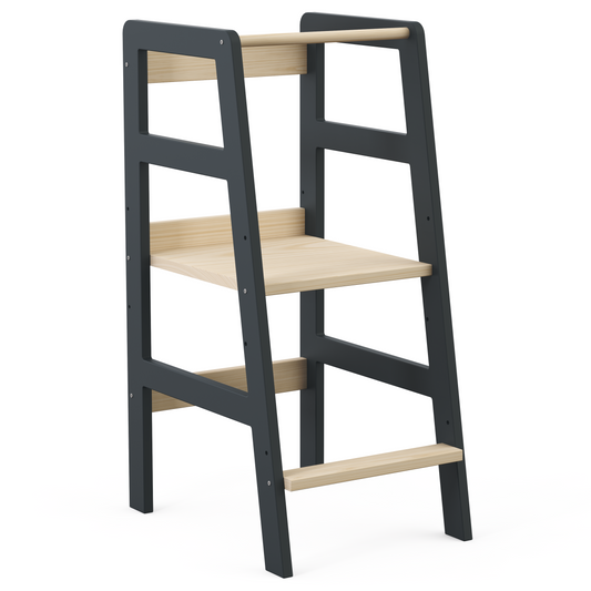 Milo Lernturm, Tritt 3-fach höhenverstellbar, grau/natur lackiert, Kiefer Massivholz