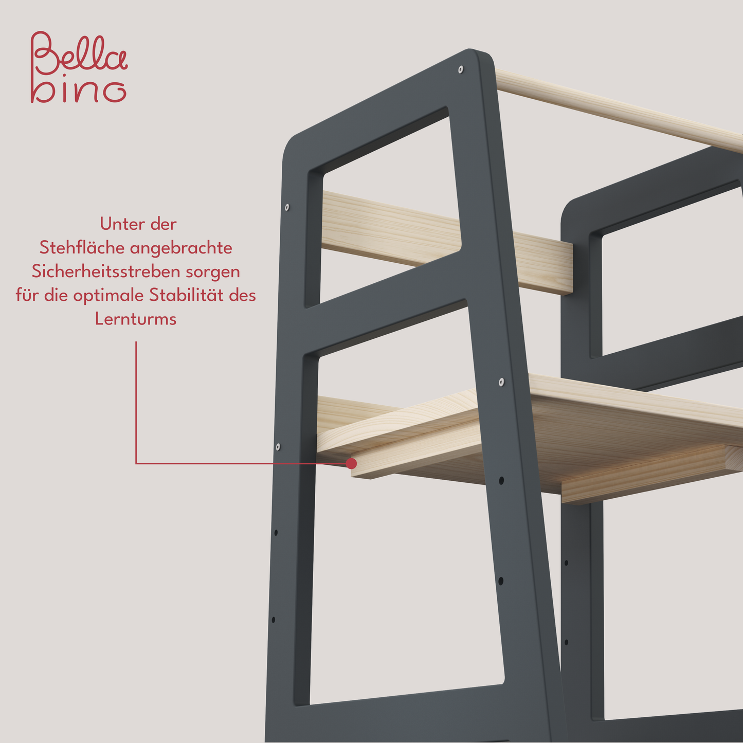 Milo Lernturm, Tritt 3-fach höhenverstellbar, grau/natur lackiert, Kiefer Massivholz