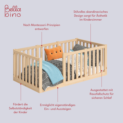 Tapi Bodenbett 80x160 cm mit extra hohem Gitter, natur lackiert, Kiefer massiv, inkl. Lattenrost