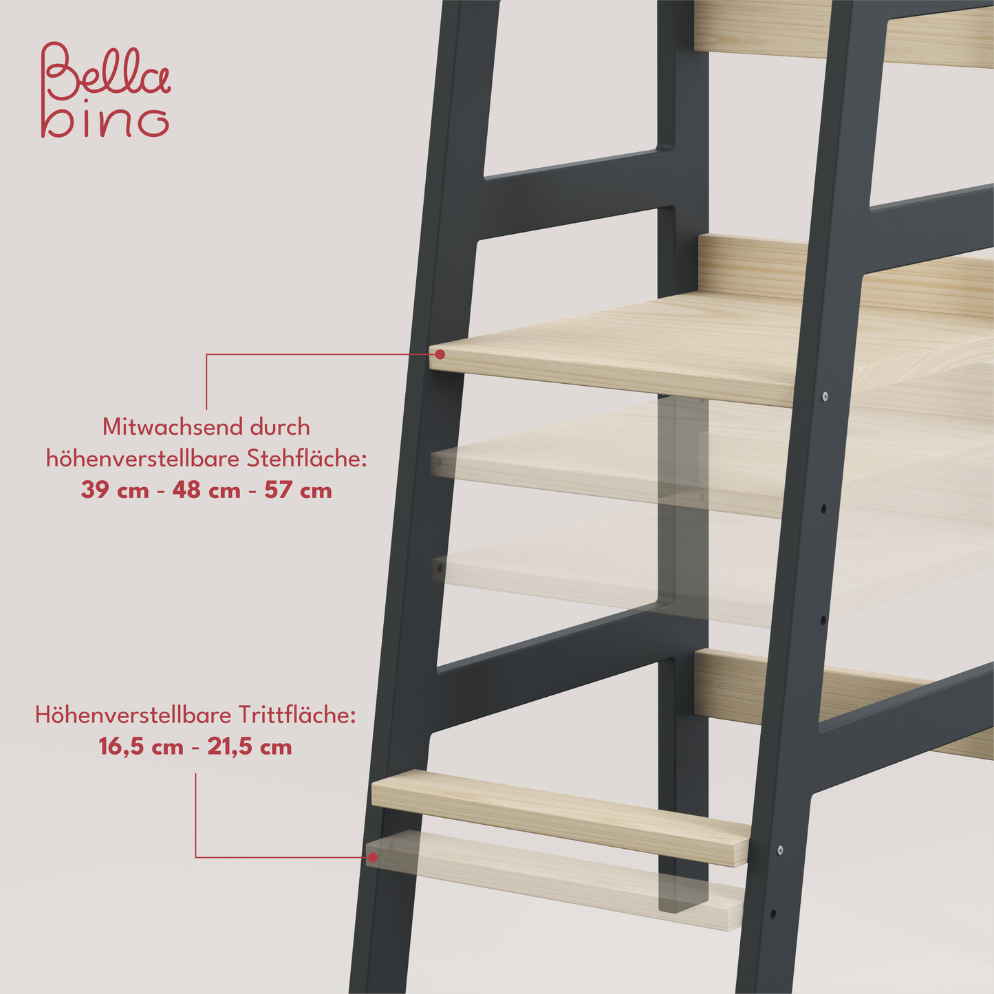 Milo Lernturm, Tritt 3-fach höhenverstellbar, grau/natur lackiert, Kiefer Massivholz