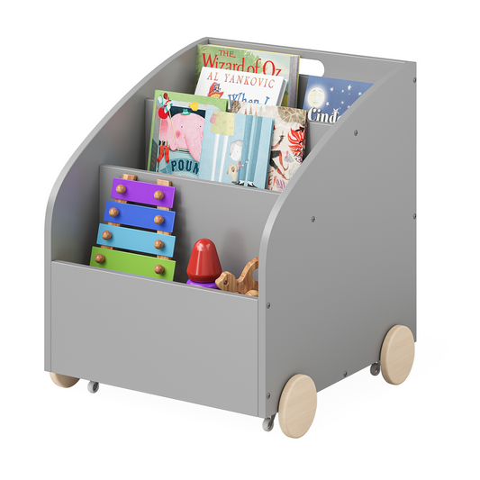 Towy Kinderbücherregal mit 3 Ablagefächern und Geheimfach, grau/natur, 43 x 40 x 43 cm