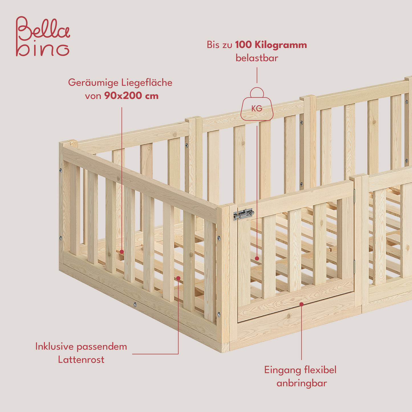 Tapi Bodenbett 90x200 cm mit Tür, natur lackiert, Kiefer massiv, inkl. Lattenrost