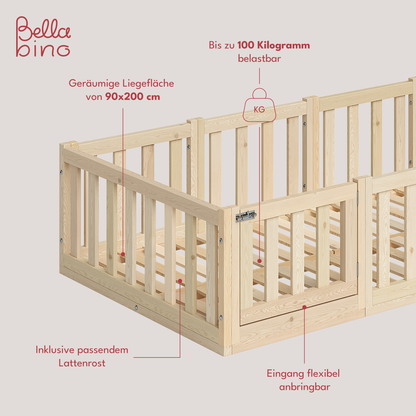 Tapi Bodenbett 90x200 cm mit Tür, natur lackiert, Kiefer massiv, inkl. Lattenrost