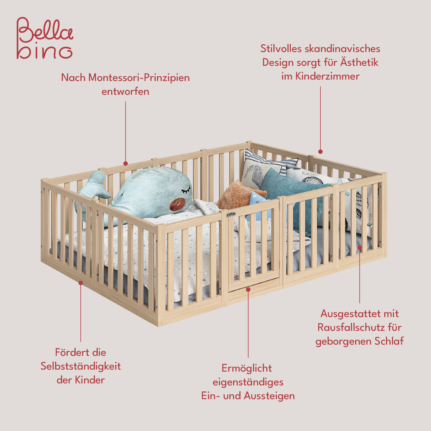 Tapi Bodenbett 140x200 cm mit extra hohem Gitter, mit Tür, natur lackiert, Kiefer massiv, inkl. Lattenrost