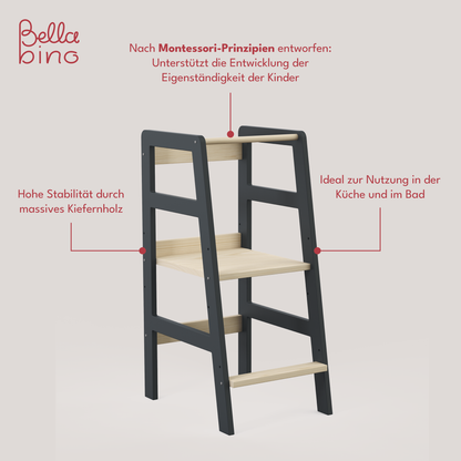 Milo Lernturm, Tritt 3-fach höhenverstellbar, grau/natur lackiert, Kiefer Massivholz