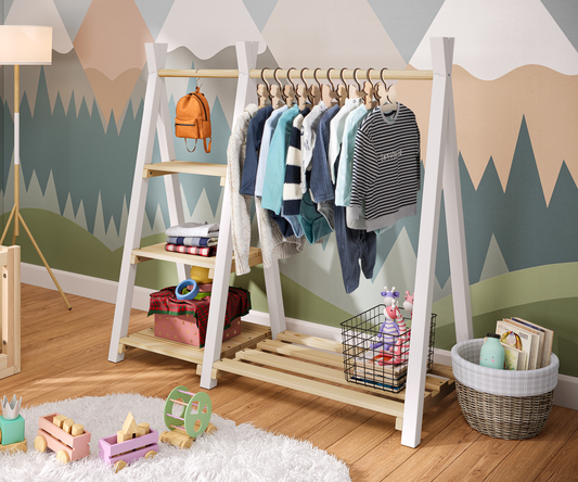 Ryck Tipi-Kleiderstange inkl. 3 Regalen und Schuhablagefläche, Kiefer massiv, natur/weiß