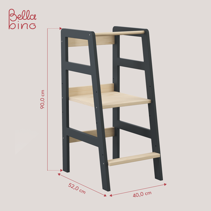 Milo Lernturm, Tritt 3-fach höhenverstellbar, grau/natur lackiert, Kiefer Massivholz