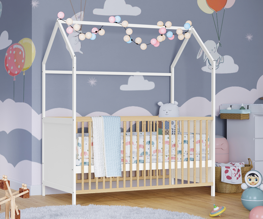 Nika Hausbett 70x140 cm, weiß/natur lackiert, Kiefer massiv, 3-fach höhenverstellbar, inkl. Lattenrost