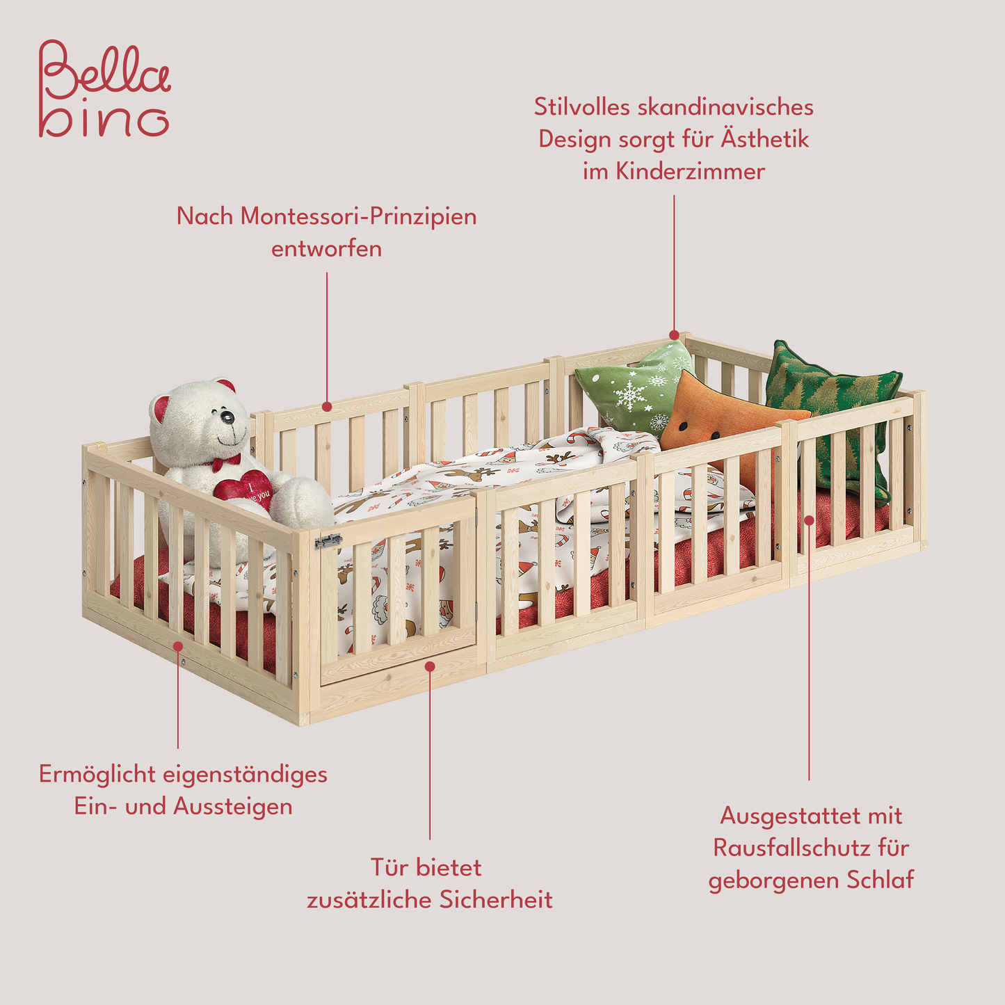 Tapi Bodenbett 90x200 cm mit Tür, natur lackiert, Kiefer massiv, inkl. Lattenrost