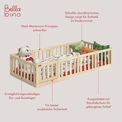 Tapi Bodenbett 90x200 cm mit Tür, natur lackiert, Kiefer massiv, inkl. Lattenrost